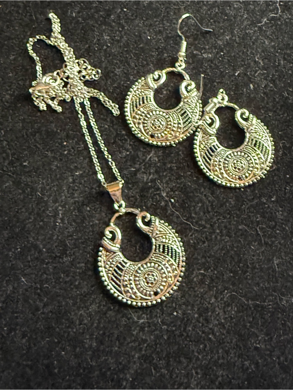 Intricate Filigree Crescent Pendant Necklace & Earrings - Silver